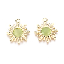 Honeyhandy Alloy Cat Eye Pendants, Sun, Golden, Light Green, 21.5x18.5x3mm, Hole: 1.6mm