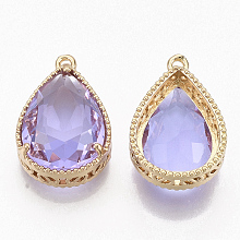 Honeyhandy Faceted Glass Pendants, with Golden Tone Brass Open Back Settings, Teardrop, Lilac, 23x15.5x6.5mm, Hole: 1.5mm