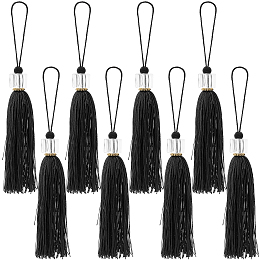 GORGECRAFT 8PCS Large Tassel Key Colorful Handmade Silky Floss Tiny Craft Tassels with Transparent Cube Beads for DIY Craft Accessory Home Decoration(Black)