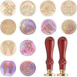 CRASPIRE Wax Seal Stamp Heads Set 6PCS Vintage Sealing Wax Stamps with 2PCS Wood Handles 25mm Round Retro Removable for Halloween Wedding Invitation(Book+Stars+Waves+Angel's Wings+Clock+Magic Plate)