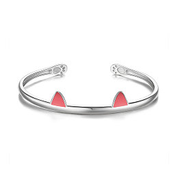 SHEGRACE Cute Design 925 Sterling Silver Kitten Cuff Bangle, Cat Ears, Platinum, 6-3/4 inch(17cm)