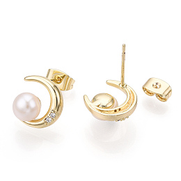 Honeyhandy Natural Pearl Stud Earrings with Cubic Zirconia, Brass Moon Earrings with 925 Sterling Silver Pins, Real 18K Gold Plated, 11x11mm, Pin: 0.8mm