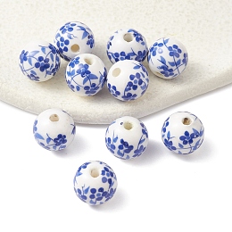 Honeyhandy Handmade Porcelain Beads, Blue and White Porcelain, Round with Flower, Blue, 12mm, Hole: 2mm