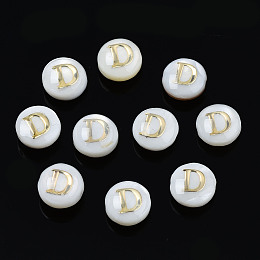 Honeyhandy Natural Freshwater Shell Beads, with Golden Plated Brass Etched Metal Embellishments, Flat Round with Letter, Seashell Color, Letter.D, 6x4mm, Hole: 0.8mm