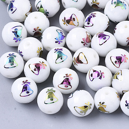 ARRICRAFT Christmas Opaque Glass Beads, Round with Electroplate Christmas Bell Pattern, Multi-color Plated, 10mm, Hole: 1.2mm