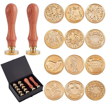 CRASPIRE Wax Seal Stamp Set, 12 Pieces Vintage Sealing Wax Stamps Copper Seals 2 Wooden Handle, Wax Stamp Kit for Wedding Invitations Cards Envelopes Wine Packages-Marine Animals