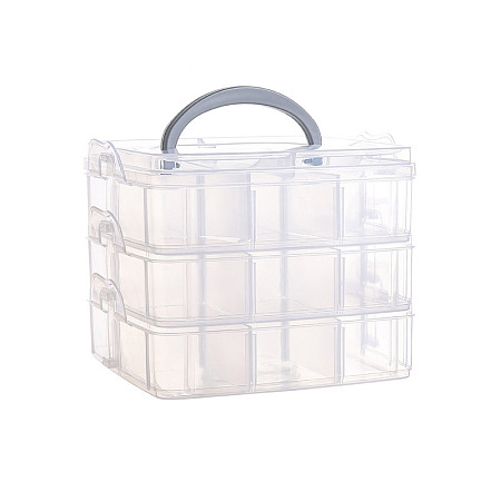 3-Tier Transparent Plastic Storage Container Box, Stackable Organizer Box with Dividers & Handle, Square, Clear, 15x15x12cm