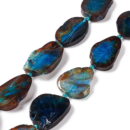 Natural Agate Beads Strands, Dyed, Nuggets, Blue, 26.5~47x23~28x5~6mm, Hole: 2.5mm, about 10~14pcs/strand, 15.75~17.32 inch(40~44cm)