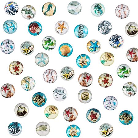 PH PandaHall 140pcs 70 Styles Ocean Theme Glass Cabochons Starfish Shell Mosaic Printed Picture Tile 12mm Half Round Dome Cabochons for Christmas New Year Necklace Jewelry Making