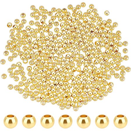 PandaHall Elite 500pcs 3mm Gold Beads 18K Gold Plated Beads Long-Lasting Round Smooth Spacer Beads Seamless Loose Balls Mini Seed Beads for Summer Hawaii Stackable Necklace, Bracelet, Earring Making