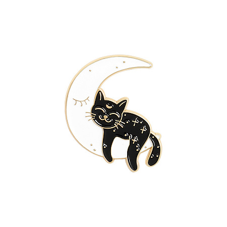 Honeyhandy Cat with Moon Enamel Pin, Light Gold Plated Alloy Badge for Backpack Clothes, White, 30x25mm