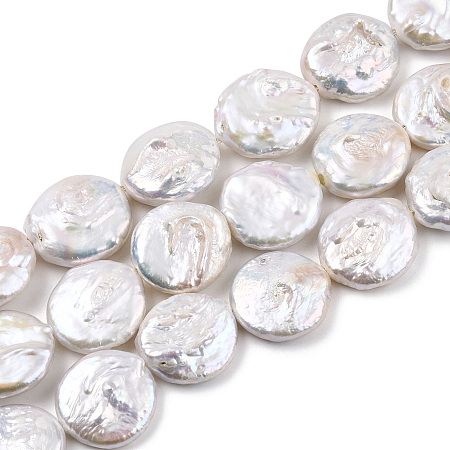 Natural Baroque Pearl Keshi Pearl Beads Strands, Large Coin Pearl Beads, Cultured Freshwater Pearl, Flat Round, Seashell Color, 18~19.5x5~10mm, Hole: 0.8mm, about 19~20pcs/strand, 14.84 inch~15.55 inch(37.7~39.5cm)