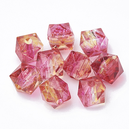 Nbeads Two Tone Transparent Spray Painted Acrylic Bead, Polygon, DeepPink, 7.5x8x8mm, Hole: 1.8mm