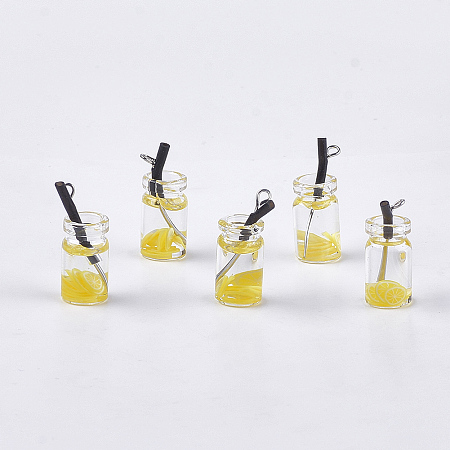 Honeyhandy Glass Bottle Pendants, with Resin, Plastic and Iron Findings, Fruit Tea Charms, Platinum, Yellow, 25~28x10mm, Hole: 1.8mm