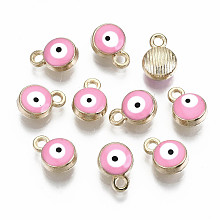 Honeyhandy Light Gold Plated Alloy Charms, with Enamel, Flat Round with Evil Eye, Pink, 10x7x4.5mm, Hole: 1.5mm