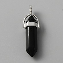 Honeyhandy Natural Obsidian Double Terminal Pointed Pendants, with Platinum Tone Zinc Alloy Findings, Faceted Bullet Charm, 41~43x13.5x10mm, Hole: 3.5x5.5mm