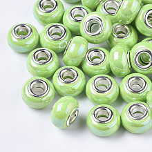 Honeyhandy Opaque Resin European Beads, Large Hole Beads, Imitation Porcelain, with Platinum Tone Brass Double Cores, AB Color, Rondelle, Pale Green, 14x9mm, Hole: 5mm