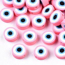 Honeyhandy Handmade Polymer Clay Beads, Flat Round with Evil Eye, Pink, 10.5~12.5x3.5~4.5mm, Hole: 1.5mm