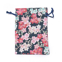 Honeyhandy Burlap Packing Pouches, Drawstring Bags, Rectangle with Flower Pattern, Dark Blue, 14.2~14.7x10~10.3cm