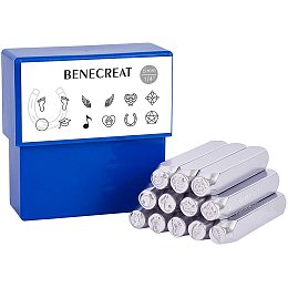 BENECREAT 12 Pack (6mm 1/4") Design Stamps, Metal Punch Stamp (Graphics Theme) Stamping Tool Case - Electroplated Hard Carbon Steel Tools to Stamp/Punch Metal Jewelry Leather Wood