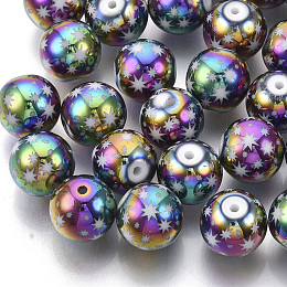 Honeyhandy Christmas Electroplate Glass Beads, Round with Star Pattern, Multi-color Plated, 10mm, Hole: 1.2mm