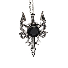 Honeyhandy Natural Obsidian Dragon Sword Pendant Necklace, Gothic Alloy Jewelry for Men Women, Antique Silver & Platinum, 19.69 inch(50cm)