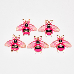 Honeyhandy Transparent Acrylic Pendants, with Plated Bottom, Bees, Deep Pink, 26.5x32.5x4mm, Hole: 1mm