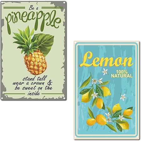 CREATCABIN 2pc Metal Tin Sign Fruit Pineapple Leman Sweet Retro Vintage Funny Wall Art Mural Hanging Iron Painting for Home Garden Bar Pub Kitchen Living Room Office Garage Plaque Christmas 12 x 8inch