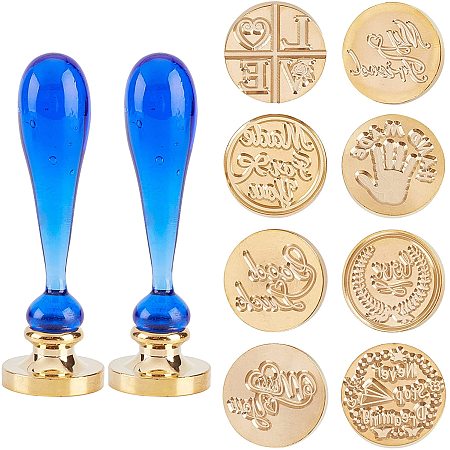 CRASPIRE Wax Seal Stamp Heads Set 8pcs Vintage Sealing Wax Stamps with 2pcs Handmade Lampwork 25mm Round Removable Brass Head Sealing Stamp for Wedding Invitation-Word Series