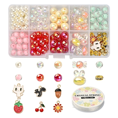 DIY Cute Stretch Bracelet Making Kit, Including Imitation Pearl & Candy & Rabbit Acrylic Beads, Squirrel & Strawberry & Cat & Pine Cone & Cherry Alloy Enamel Pendants, Mixed Color, 6mm, Hole: 2mm