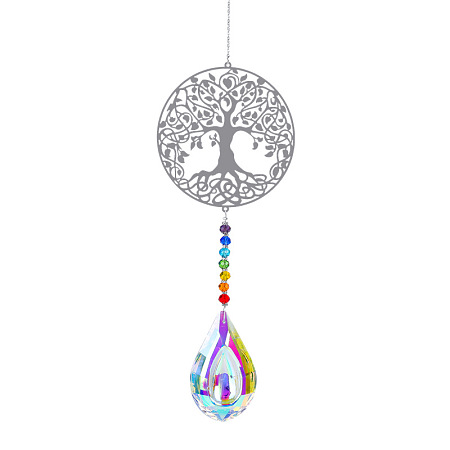 Honeyhandy Metal Big Pendant Decorations, Hanging Sun Catchers, Chakra Theme K9 Crystal Glass, Flat Round with Tree of Life, Colorful, 49cm