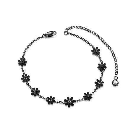Arricraft Stainless Steel Anklets, with Clear Cubic Zirconia, Flower, Gunmetal, 8-1/4