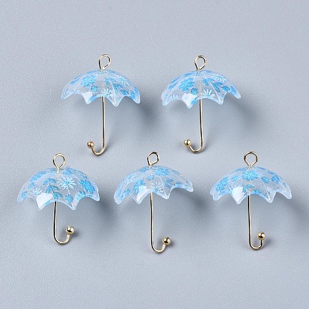 Honeyhandy Printed Acrylic Pendants, with Golden Plated Brass Findings, 3D Umbrella with Flower Pattern, Light Sky Blue, 22~24x18x18mm, Hole: 1.2~1.8mm