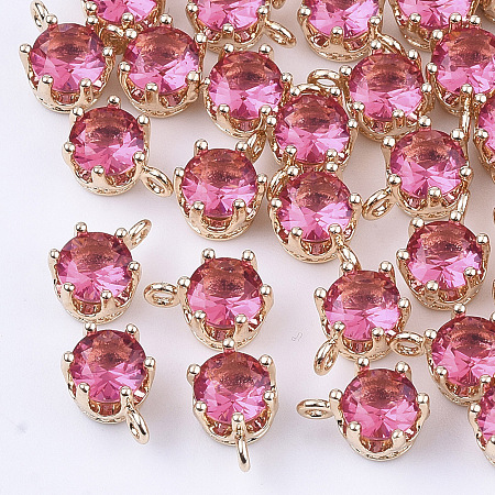 ARRICRAFT Transparent Glass Charms, with Brass Findings, Faceted, Crown, Light Gold, Deep Pink, 8.5x6x5mm, Hole: 1mm