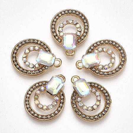 Alloy Pendants, with Glass and Rhinestone, Flat Round and Octagon, Light Gold, Clear AB, 23x17.5x5mm, Hole: 1.8mm