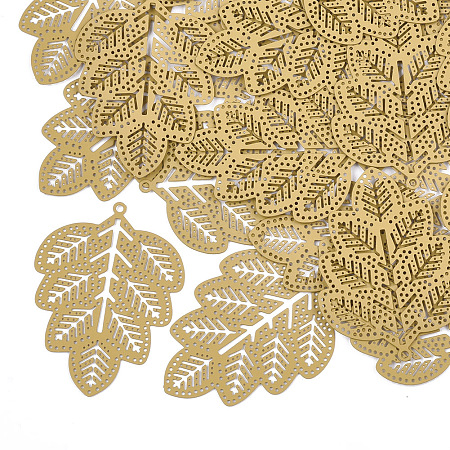 Nbeads  430 Stainless Steel Filigree Pendants, Spray Painted, Etched Metal Embellishments, Leaf, Goldenrod, 45.5x34x0.3mm, Hole: 1.6mm