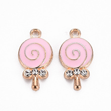 Honeyhandy Alloy Pendants, Cadmium Free & Lead Free, with Enamel and Rhinestone, Lollipop, Light Gold, Crystal, Pink, 18x9.5x3mm, Hole: 1.5mm