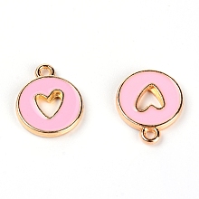 Honeyhandy Zinc Alloy Enamel Charms, Flat Round with Hollow Heart, Light Gold, Pink, 14x12x2mm, Hole: 1.5mm