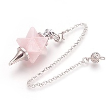 Honeyhandy Natural Rose Quartz Dowsing Pendulum Big Pendants, with Platinum Tone Brass Findings, Merkaba Star, 235mm, Hole: 2mm