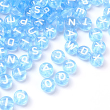 Honeyhandy Transparent Cornflower Blue Acrylic Beads, Horizontal Hole, Mixed Letters, Flat Round with White Letter, 7x4mm, Hole: 1.5mm, 100pcs/Bag