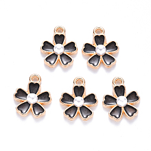 Honeyhandy Alloy Enamel Charms, with ABS Plastic Imitation Pearl, Sakura Flower, Light Gold, Black, 14.5x11.5x4.5mm, Hole: 1.2mm