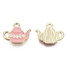 Honeyhandy Alloy Enamel Pendants, Light Gold, Kettle, Pink, 14x17x2mm, Hole: 2mm