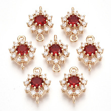 Honeyhandy Transparent Glass Links connectors, with Golden Tone Brass Findings and Clear Rhinestone, Faceted, Flower, Red, 16x11x5mm, Hole: 1.2mm