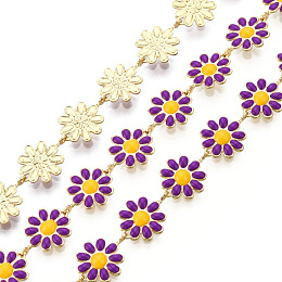 Honeyhandy Brass Flower Link Chains, with Enamel, Unwelded, Real 16K Gold Plated, Dark Violet, 13.5~14x9.5~10x1mm