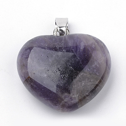 Honeyhandy Natural Amethyst Pendants, with Alloy Findings, Heart, Platinum, 27~29x28x11mm, Hole: 3.5x5mm