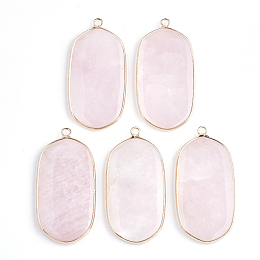 Honeyhandy Natural Rose Quartz Pendants, with Brass Findings, Oval, Golden, 47x23x4mm, Hole: 2mm