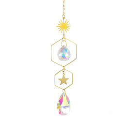 Honeyhandy Quartz Crystal Big Pendant Decorations, Hanging Sun Catchers, Sun & Star, Clear AB, 380~400mm