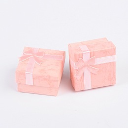 Cardboard Ring Boxes, with Satin Ribbons Bowknot outside, Square, Pink, 41x41x26mm