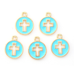 Honeyhandy Light Gold Plated Alloy Enamel Pendants, Flated Round with Cross, Cyan, 15x12x1.5mm, Hole: 1.6mm