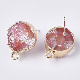 Honeyhandy Druzy Resin Stud Earring Loops, with Steel Pins and Edge Light Gold Plated Iron Loops, Flat Round, Indian Red, 18x13.5mm, Hole: 1.8mm, Pin: 0.6mm